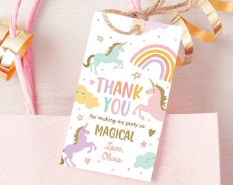 Editable Unicorn Favor Tags Magical Birthday Thank you tags Label Rainbow Birthday Gift Tags Pink Pastel Girl Template PRINTABLE Corjl 0426