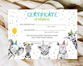 Adote um Animal Certificado de Adoção Animais de Safári Adoção Wild One Festa de Aniversário Animais Aniversariante Download Digital Imprimível 0390