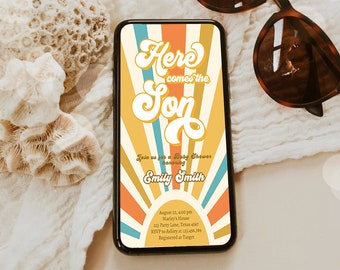 Editable Here Comes the Son Baby Shower Evite Baby Boy Sunshine Baby Shower Invitation Retro Instant Download Phone Corjl Template 0457
