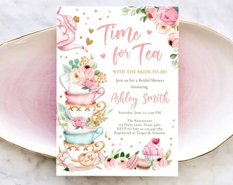 Editable Time For Tea Bridal Shower Invitation Tea Party Wedding Shower Floral Pink Gold Blush Love is Brewing Corjl Template Printable 0349