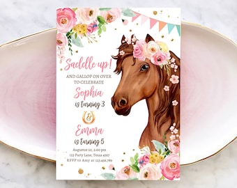 Editable Horse Birthday Invitation Girl Saddle Up Watercolor Cowgirl Party Horse Joint Siblings Pink Floral Printable Template Corjl 0408