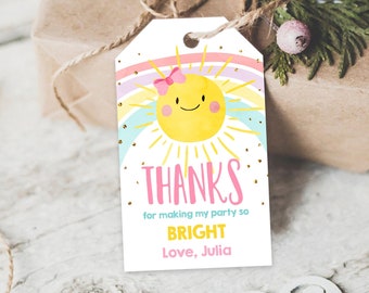 Editable Sunshine and Rainbows Favor tags Little Sunshine Birthday Thank you tag Girl Pink Summer Sunshine template PRINTABLE Corjl 0402