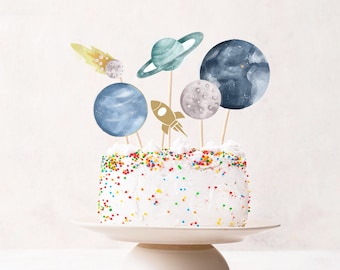 Printable Space Cake Topper Space Centerpieces Space Birthday Party Galaxy Table Decor Boy Astronaut Planets Watercolor DIY Digital 0357