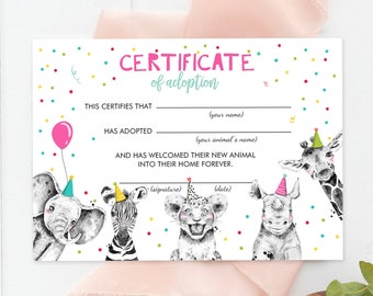 Adote um Animal Certificado de Adoção Animais de Safári Adoção Wild One Festa de Aniversário Animais Aniversariante Baixar Digital IMPRIMÍVEL 0390