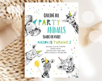 Editable Party Animals Birthday Invitation Calling All Animals Zoo Safari Animals Boy Green Neutral Download Template Corjl Printable 0390