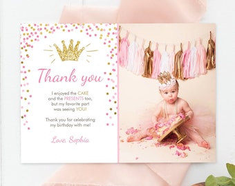 Bewerkbare prinses dank u kaart meisje roze gouden kroon verjaardag dank u opmerking Royal eerste verjaardag digitale Corjl sjabloon afdrukbare 0047