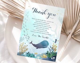 Editable Whale Baby Shower Thank You Card Note Nautical Blue Whale Boy Ocean Under the Sea Coral Template Instant Download Corjl 0118