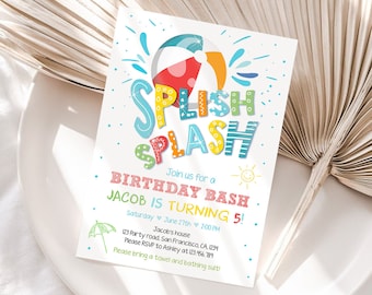 Editable Splish Splash Birthday Invitation Pool Party Boy Beach Ball Blue Green Birthday Bash Download Printable Invite Template Corjl 0169