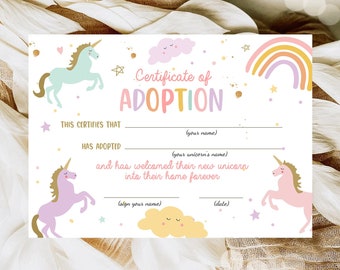 Adopt a Unicorn Certificate Unicorn Adoption Unicorn Birthday Party Magical Birthday Rainbow Girl Instant Download Digital Printable 0426
