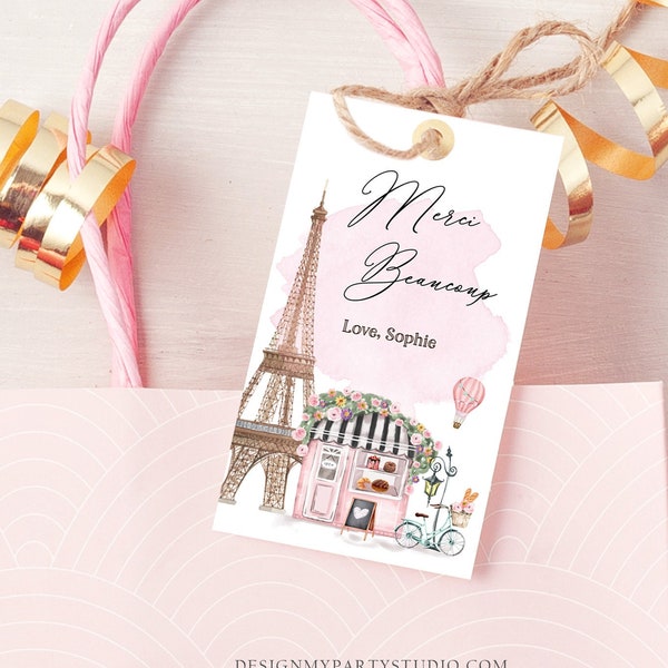 Editable Paris Birthday Favor Tag Merci Beaucoup French Patisserie Parisian Cafe French Baby Shower Gift Tag Digital Corjl Template 0441