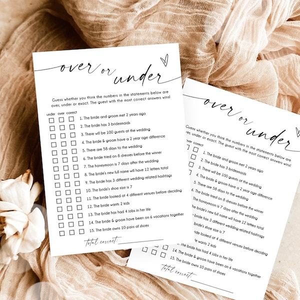 Editable Over Or Under Bridal Shower Game Minimalist Modern Wedding Activity Couples Wedding Activity Corjl Template Printable 0493