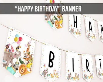 Animaux de safari bannière joyeux anniversaire fêtards sauvages un anniversaire décorations de zoo garçon fille jungle téléchargement numérique instantané imprimable 0482