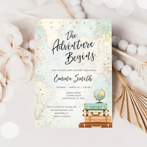 Editable The Adventure Begins Baby Shower Invitation Gold Confetti Suitcases Globe Travel Around World Corjl Template Printable 0263