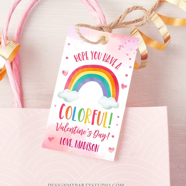 Editable Valentine Rainbow Favor Tag Thank You Over The Rainbow Colorful Valentine's Day School Digital Corjl Template Printable 0370