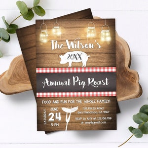 Editable Pig Roast Invitation Rustic Wood Backyard BBQ Birthday Family Party Couples Shower Vintage Outdoor Barbecue Country Corjl Template