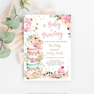 Editable Tea Party Baby Shower Invitation Tea Shower Sprinkle Floral Pink Gold Blush Brunch Bubbly Download Corjl Template Printable 0349