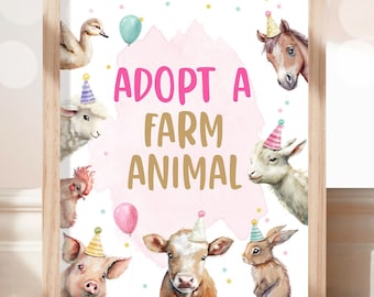 Adopt a Farm Animal Party Sign Farm Birthday Sign Favors Barnyard Birthday Farm Animals Girl Favor Sign Pink Farm Party Printable 0448