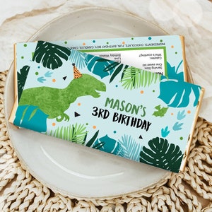 Bewerkbare dinosaurus chocoladereep etiketten Candy Bar Wrapper Three Rex verjaardag blauw groen T-Rex Dino digitale downloadsjabloon afdrukbare 0389