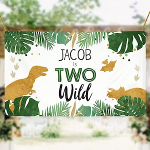 Editable Dinosaur Birthday Backdrop Banner Boy Gold Two Wild Second 2nd Dino Welcome Sign Poster Digital Download Template Printable 0146