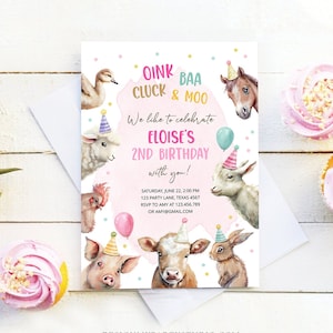 Editable Farm Birthday Invitation Girl Farm Animals Pink Barnyard Party Confetti Download Printable Invitation Template Digital Corjl 0448