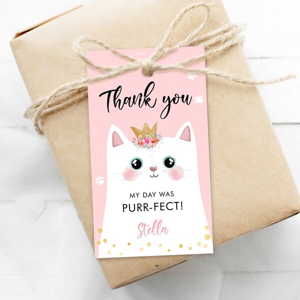 Étiquettes modifiables de faveur d'anniversaire chaton anniversaire de chaton Merci étiquette chat fête étiquettes cadeau fille rose ronronnement parfait modèle Corjl imprimable 0381