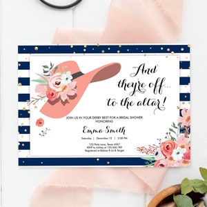 Editable Bridal Shower Invitation Derby Wear a Hat Horse races Floral Rose Gold Blush Pink Navy Blue Download Printable Template Corjl 0249