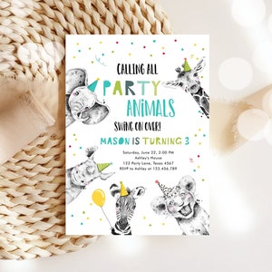 Modèle modifiable d&#39;invitation d&#39;anniversaire de fêtards appelant tous les animaux du zoo, animaux de safari du zoo, garçon vert neutre à télécharger Corjl imprimable 0390