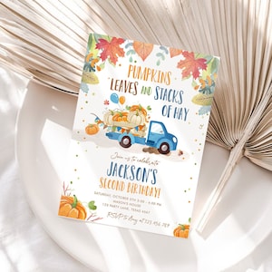 Editable Pumpkin Birthday Invitation Boy Fall Boy Pumpkin Truck Birthday Party Blue Orange Download Printable Invitation Corjl Template 0153
