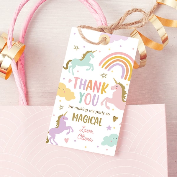 Editable Unicorn Favor Tags Magical Birthday Thank you tags Label Rainbow Birthday Gift Tags Pink Pastel Girl Template PRINTABLE Corjl 0426