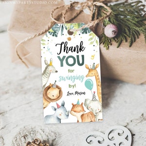 Editable Favor tags Safari Animals Wild One Party Animals Birthday Thank you tags Jungle Boy Gold Green Gift tags Zoo Template Corjl 0163