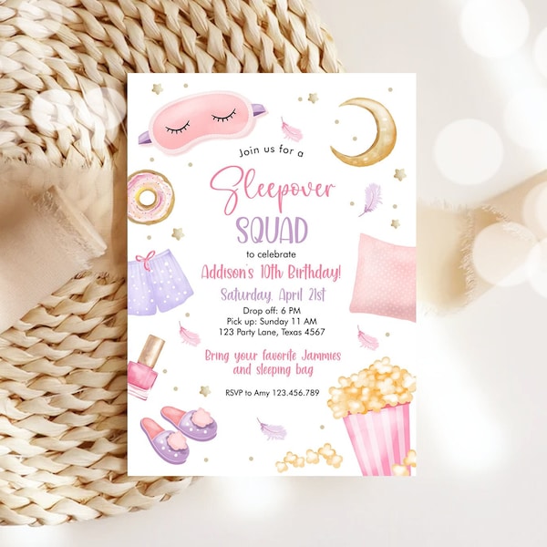 Editable Sleepover Squad Birthday Invitation Slumber Party Birthday Invite Pink Girl Spa Tween Teen Digital Download Template Corjl 0447