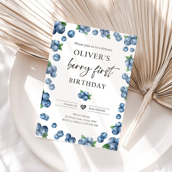 Editable Blueberry Birthday Invitation First Birthday Berry Sweet Boy Cute Blueberries 1st Download Printable Template Corjl Digital 0399