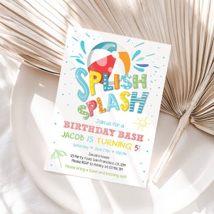 Editable Splish Splash Birthday Invitation Pool Party Boy Beach Ball Blue Green Birthday Bash Download Printable Invite Template Corjl 0169