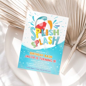 Editable Splish Splash Birthday Invitation Pool Party Boy Beach Ball Blue Green Birthday Bash Download Printable Invite Template Corjl 0169