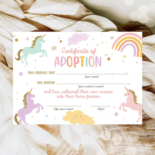 Adopt a Unicorn Certificate Unicorn Adoption Unicorn Birthday Party Magical Birthday Rainbow Girl Instant Download Digital PRINTABLE 0426