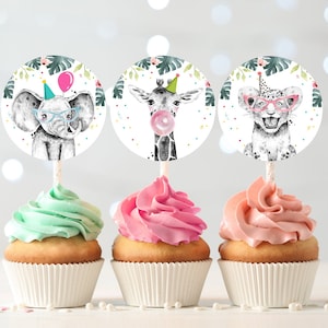 Toppers de cupcake com tema de animais para festa, etiquetas de lembrancinha, decoração para festa de aniversário, adesivos de animais da savana, "Wild One", download digital para impressão (0322)