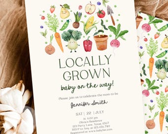 Editable Locally Grown Baby Shower Invitation Farmers Market Fruits and Veggies Vegetable Digital Download Evite Template Printable 0544