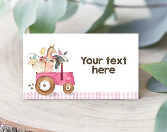 Editable Farm Animals Food Labels Barnyard Birthday Food Cards Tent Card Pink Farm Girl Shower Buffer Label Tent Card Template Corjl 0155