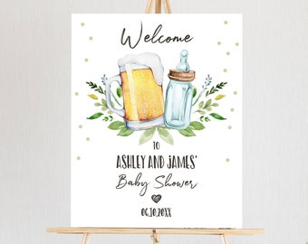Bewerkbaar A Baby is Brewing Welkomstbord Babyborrel brouwen Fles en bieren Proost Gemengde stelletjes douchen Genderneutraal Corjl-sjabloon 0190