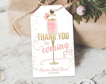 Editable Brunch and Bubbly Thank you tags Bubbly Bridal shower favor tags Pink Gold Floral printable Tag Template PRINTABLE Corjl 0150