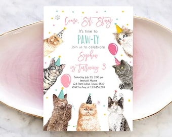 Editable Cat Birthday Party Invitation Kitten Birthday Invite Pink Girl Kitty Cat Invitation Pet Cute Download Printable Template Corjl 0384