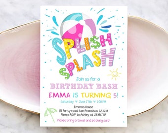 Editable Splish Splash Birthday Invitation Pool Party Boy Beach Ball Blue Green Birthday Bash Download Printable Invite Template Corjl 0169