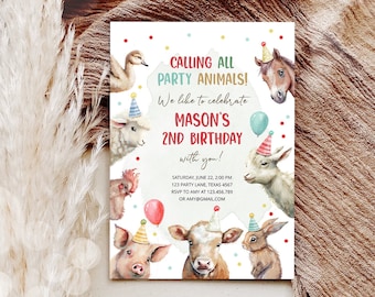 Editable Farm Animals Birthday Invitation Boy Farm Barnyard First Birthday Party Animals Confetti Download Corjl Template Printable 0448