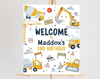 Editable Construction Birthday Welcome Sign Yellow Dump Truck Construction Sign Digger Boy Construction Decor Template Corjl PRINTABLE 0458