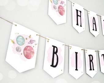 Happy Birthday Banner Outer Space Planets Banner Girl Galaxy First Birthday Decorations Rocket Instant download PRINTABLE DIGITAL DIY 0357