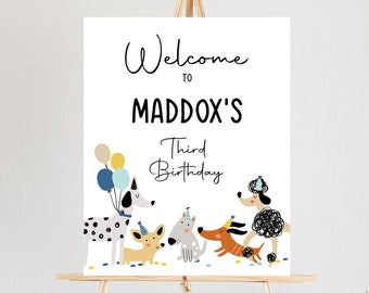 Editable Puppy Dog Birthday Party Welcome Sign Puppy Birthday Pet Dog Simple Modern Birthday Pawty Boy Blue Template Corjl PRINTABLE 0429