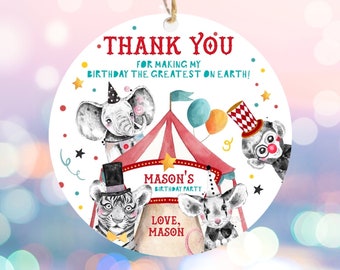 Editable Circus Thank You Tags Carnival Birthday Favor Tags Boy Vintage Circus Stickers Big Top Party Download Printable Corjl Template 0355