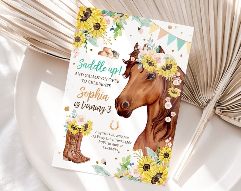 Editable Cowgirl Birthday Invitation Girl Saddle Up Watercolor Horse Party Horse Birthday Sunflowers Download Printable