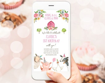 Editable Farm Birthday Evite Girl Farm Animals Pink Floral Barnyard Party Invitation Download Phone Invitation Template Digital Corjl 0155