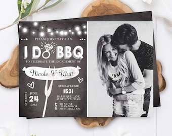 Editable I Do BBQ Engagement Party Invitation Couples Chalk String Lights Ring Barbecue Outdoor Bridal Shower Printable Corjl Template 0145